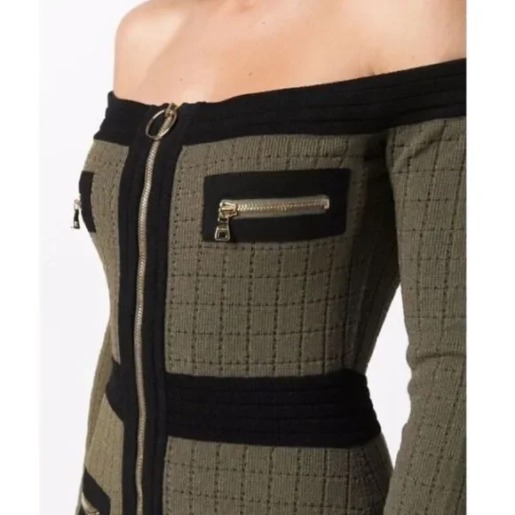 Balmain Off Shoulder Knit Dress Green